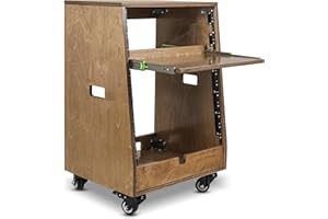 Sound Town DIY Slanted 12U Studio Rack (4U Top + 8U Lower), with 2U Bottom Storage, Slide-Out Tray, Caster, Plywood, Weathered Brown For Recording Room, Home Studio (SDRK-ST12TB)