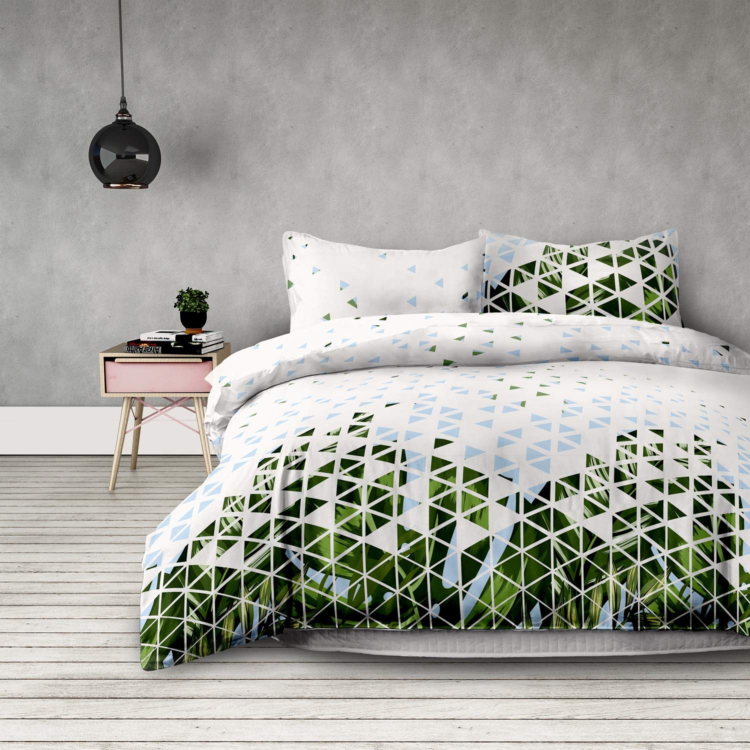 AmeliaHome 4-Piece 2 x Bed Linen 155 x 220 cm with 2 Pillowcases 80 x 80 cm Geometric Pattern Floral Microfibre Zip Basic Collection Explosion White Green