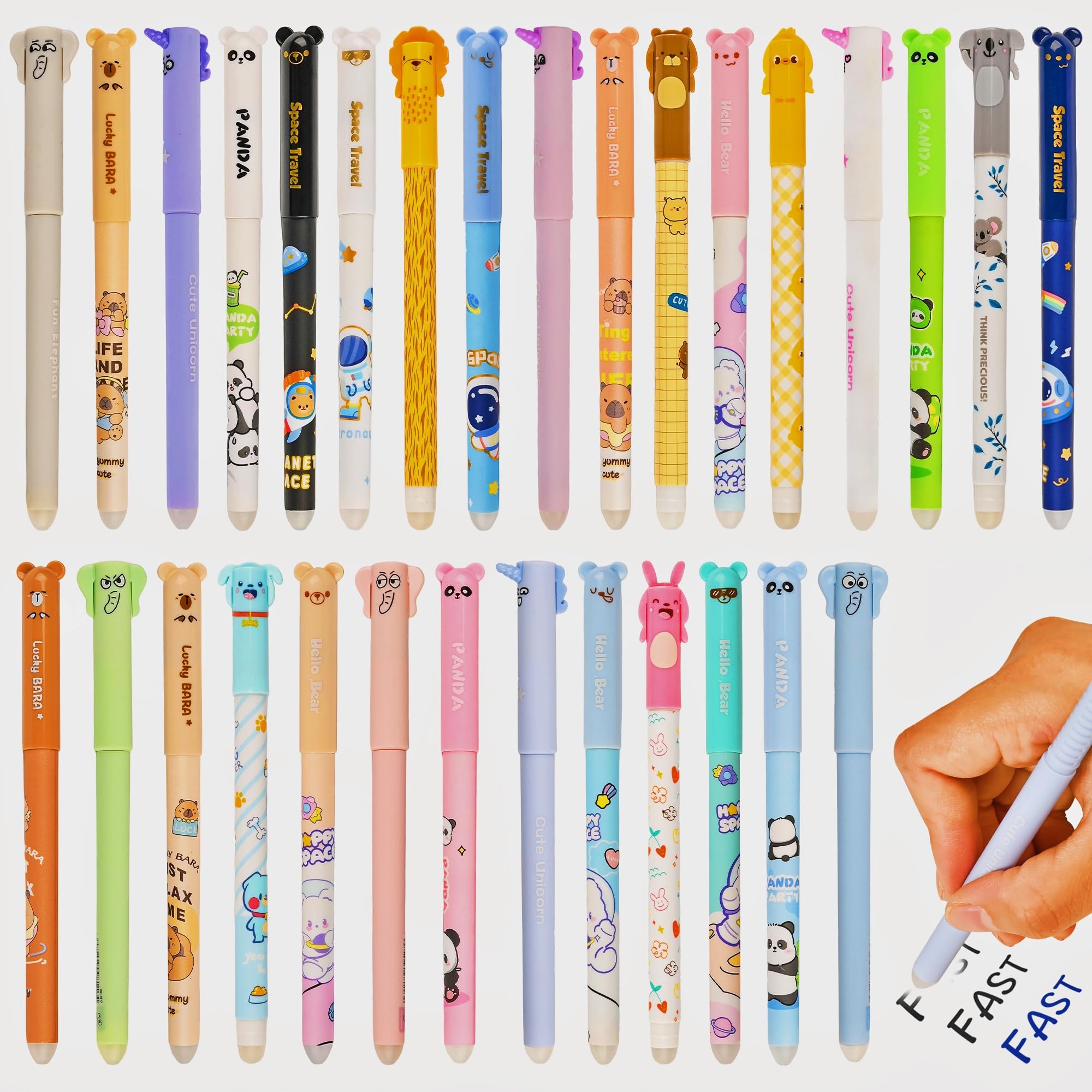 Photo 1 of LiYiQ 30 PCS Erasable Pens Fun Cute Pens for kids Kawaii Pen Stress Relief Rotating Pen for School, Office, Home Supplies,14 Black and 16 Blue