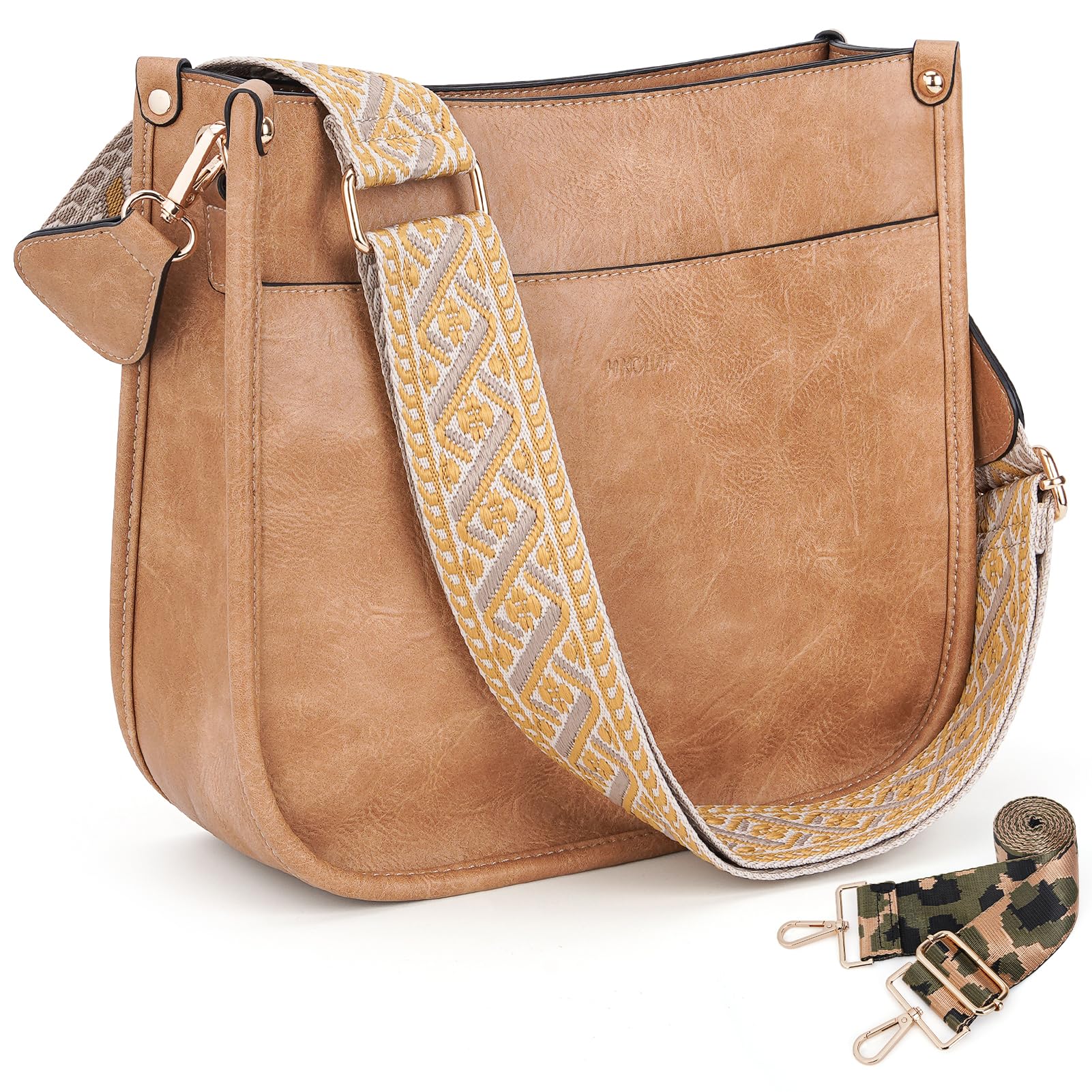 HKCLUF Crossbody Bags for Women Trend Vegan Leather Hobo Handbags With 2PCS Adjustable Guitar Strap Crossbody Purse for Women(Yellow Brown) Image