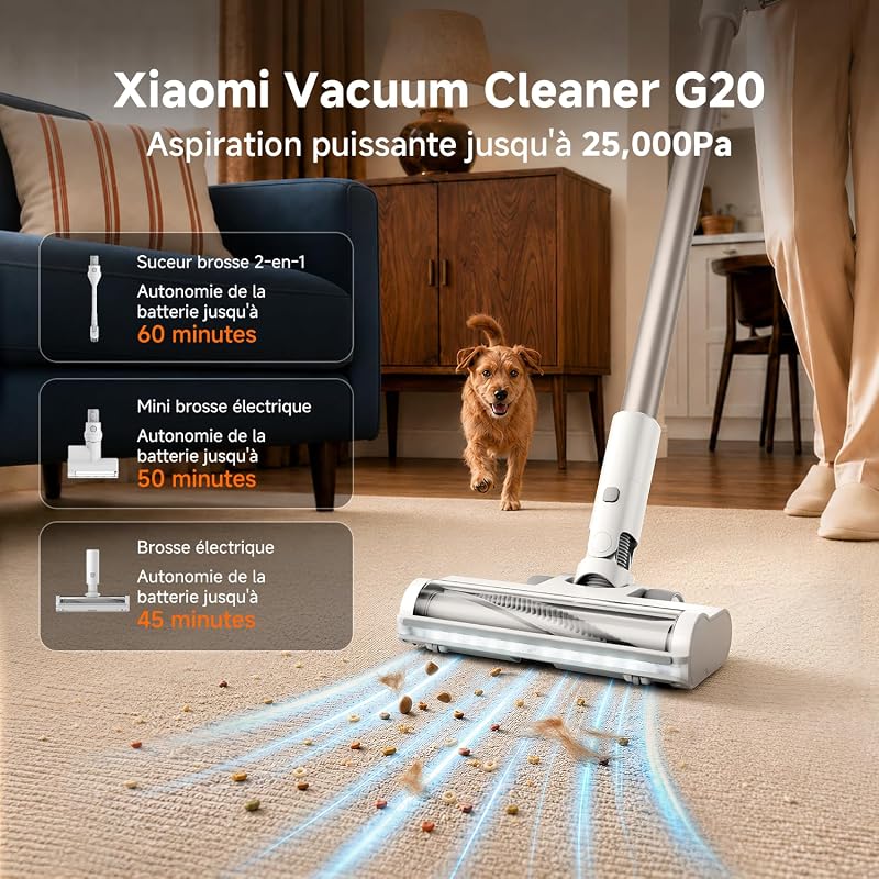 G20 Aspirateur Balai Sans Fil, 25000 Pa/150 AW, Jusqu’à 60 Min, LED