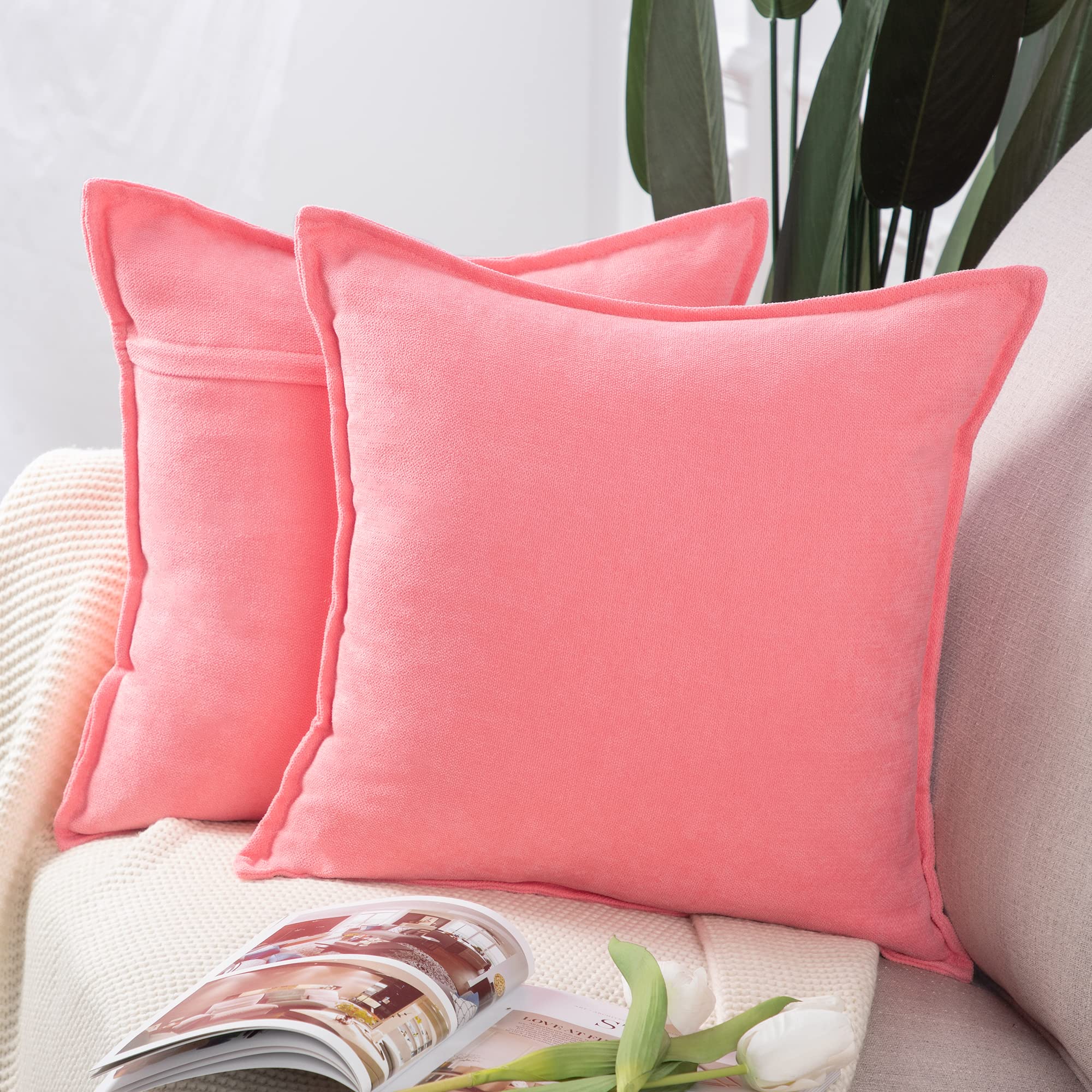 Madizz Set of 2 Short Chenille Throw Pillow Covers 18x18 Inch Pink Soft Decorative Cushion Cover for Sofa Bedroom Pillow Shell