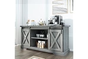Squireewo Farmhouse Buffet Cabinet Sideboard with Sliding Barn Doors, Rustic Coffee Bar Cabinet Server with Storage and Adjustable Shelves, Cupboard Table for Kitchen Dining Room Living Room, Grey