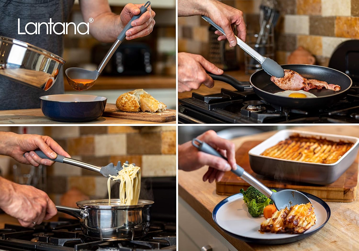 Lantana Premium 11pc Silicone Kitchen Utensil Set for Cooking and Baking in Sleek Grey and Brushed Stainless Steel. Includes; Tongs - Image 5