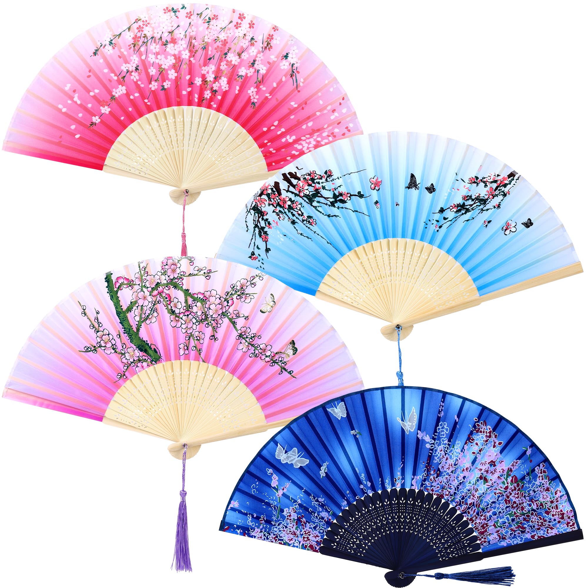 ANECO 4 Pieces Folding Fans Bamboo Handheld Fans Silk Fabric Fans Hand Holding Fans For Party, Wedding, Gifts, Wall Decoration
