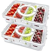 2Pack Divided Serving Tray with Lid and Handle Portable Snackle Box Charcuterie Container Clear Stackable food Organizer for Fruits Veggies for Fridge Party (2 Pack 4 Compartment with Handle)