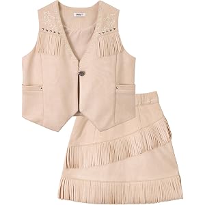 LOLANTA Cowgirl Outfits for Girls, Boho Western Fringe Vest Skirt 2Pcs Set | Kids Suede Tassel Country Concert Rodeo Clothes,