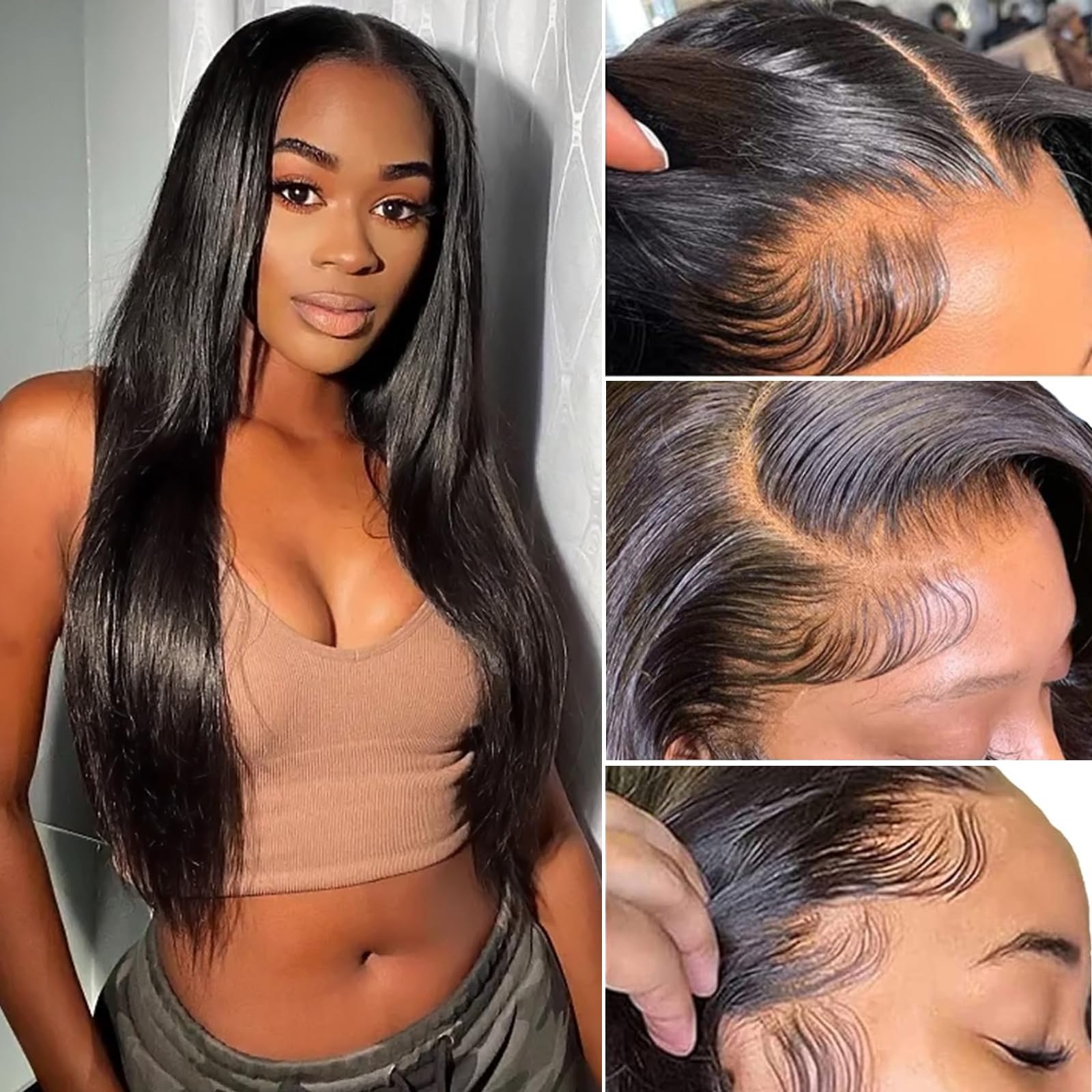 Bleached Knots 13x4 Straight Pre Cut Lace Front Wigs 200% Density Brazilian Virgin Human Hair Wigs Pre Plucked Bleached Knots with Baby Hair Wear and Go Glueless Wigs Natural Color 26 inch — image 1