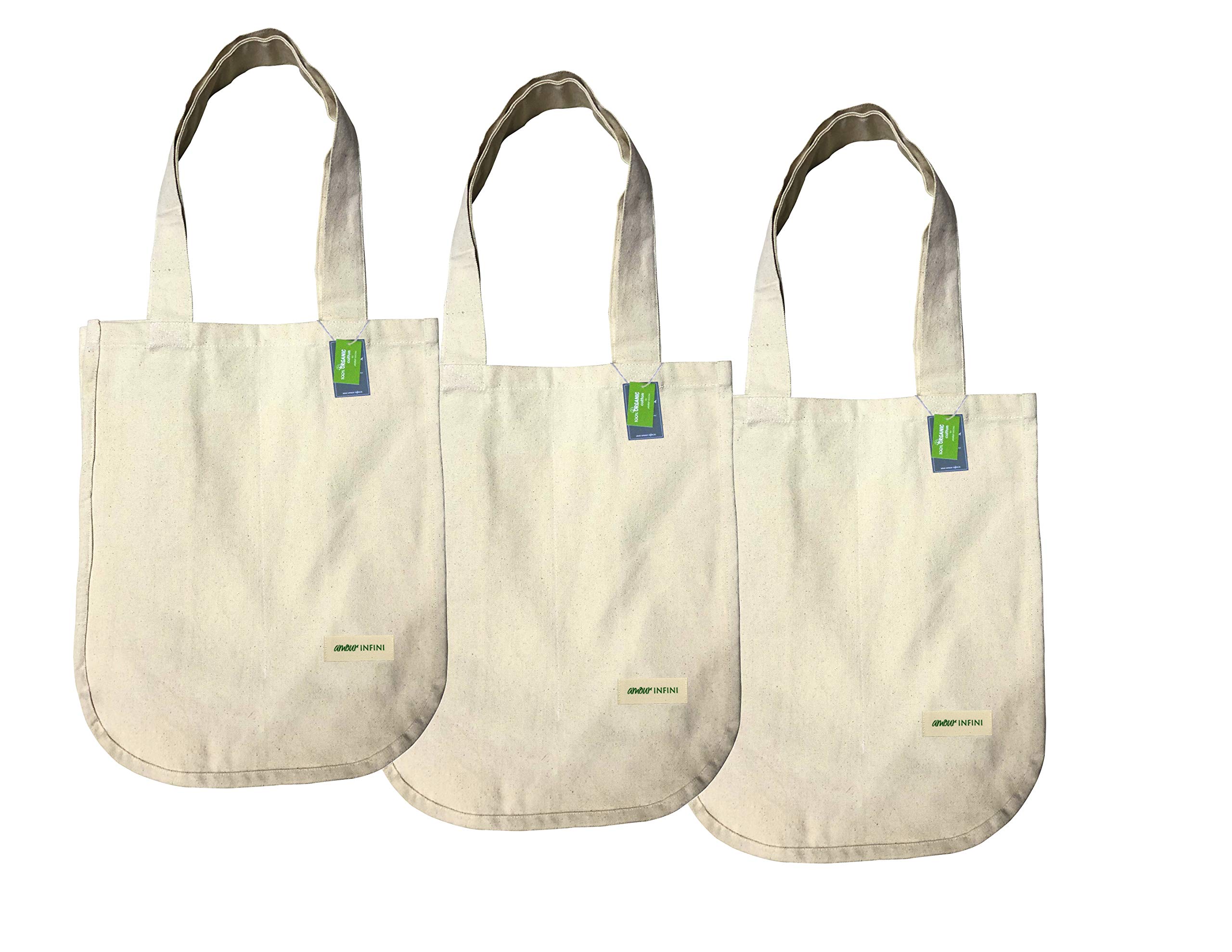 AMOUR INFINI Reusable Shopping Bag with Bottle Sleeves | 100% Organic Cotton | Set of 3 | Tote Bags for Grocery, Vegetable & Shoulder bags with Handles | Foldable Market Bag | Super strong & Washable