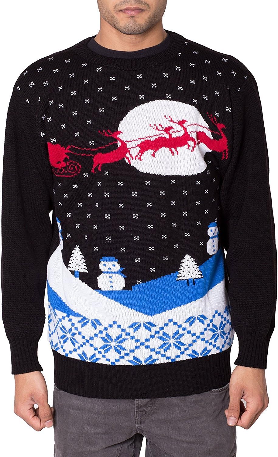 Mens 70's Jumper Sweater Retro Christmas Xmas Unisex Santa Reindeer Sleigh Winter Fairisle Christmass Night Red Black Knitwear Size S M L XL