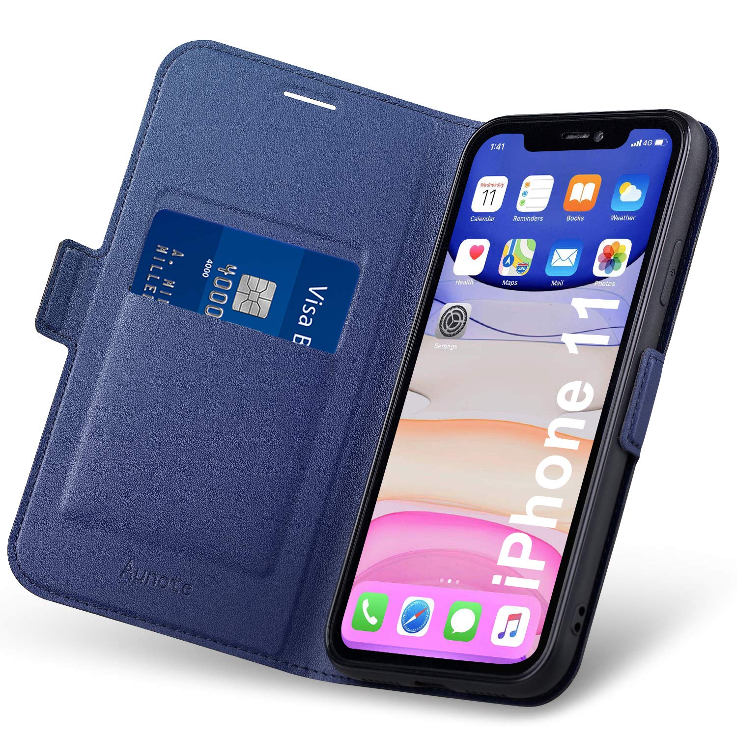 Aunote iPhone 11 Case, iPhone 11 Phone Case, Slim Flip/Folio Cover – Wallet Style: Made of PU Leather Shell (Lightweight, Feels Good) and TPU Inner - Full Protection. Blue
