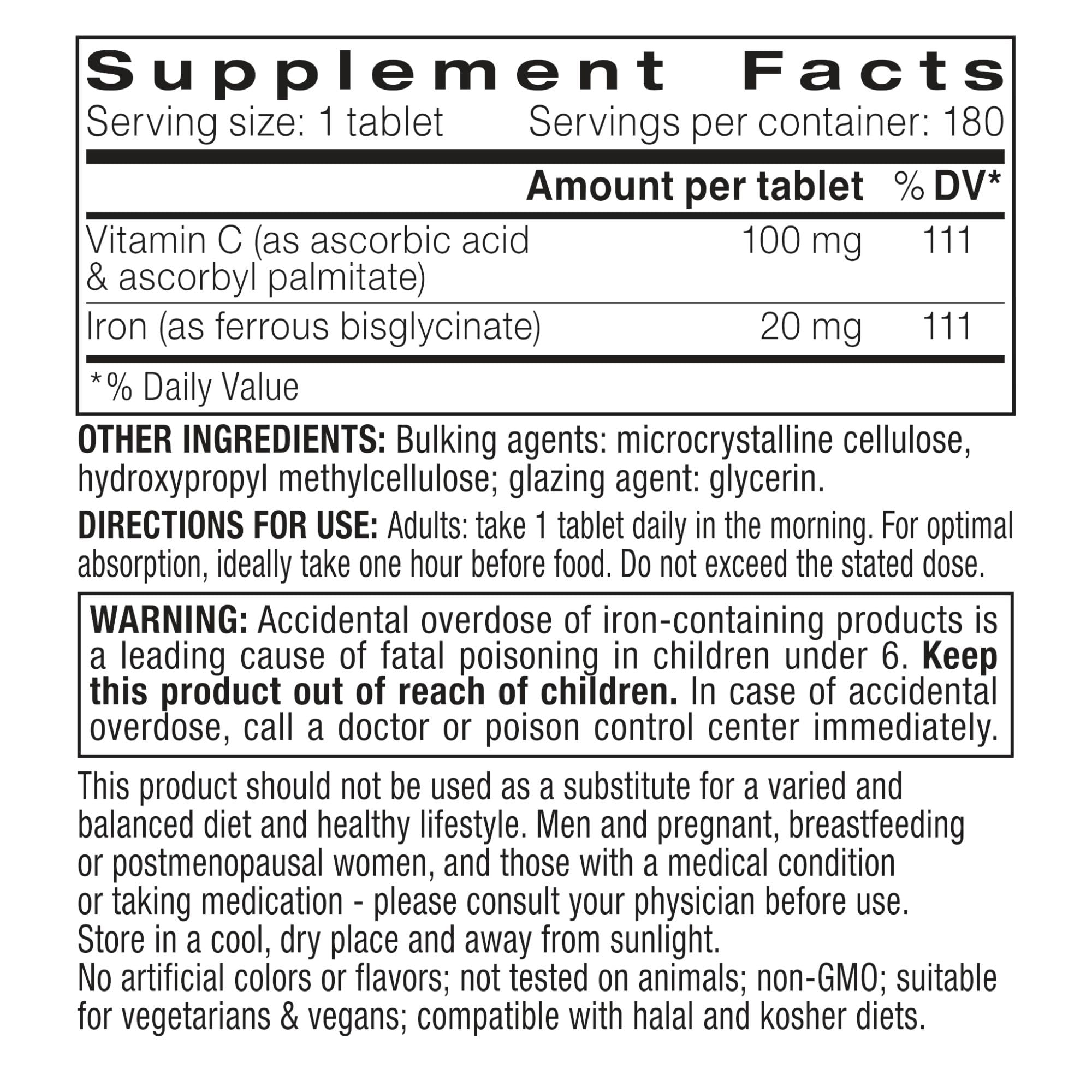 Igennus High Absorption Chelated Iron Bisglycinate 20mg, Vitamin C, 6 Month Supply, Gentle Formula, Clean Label & Targeted Release Ferrous Bisglycinate for Women and Men, One Daily, Vegan, 180 Tablets