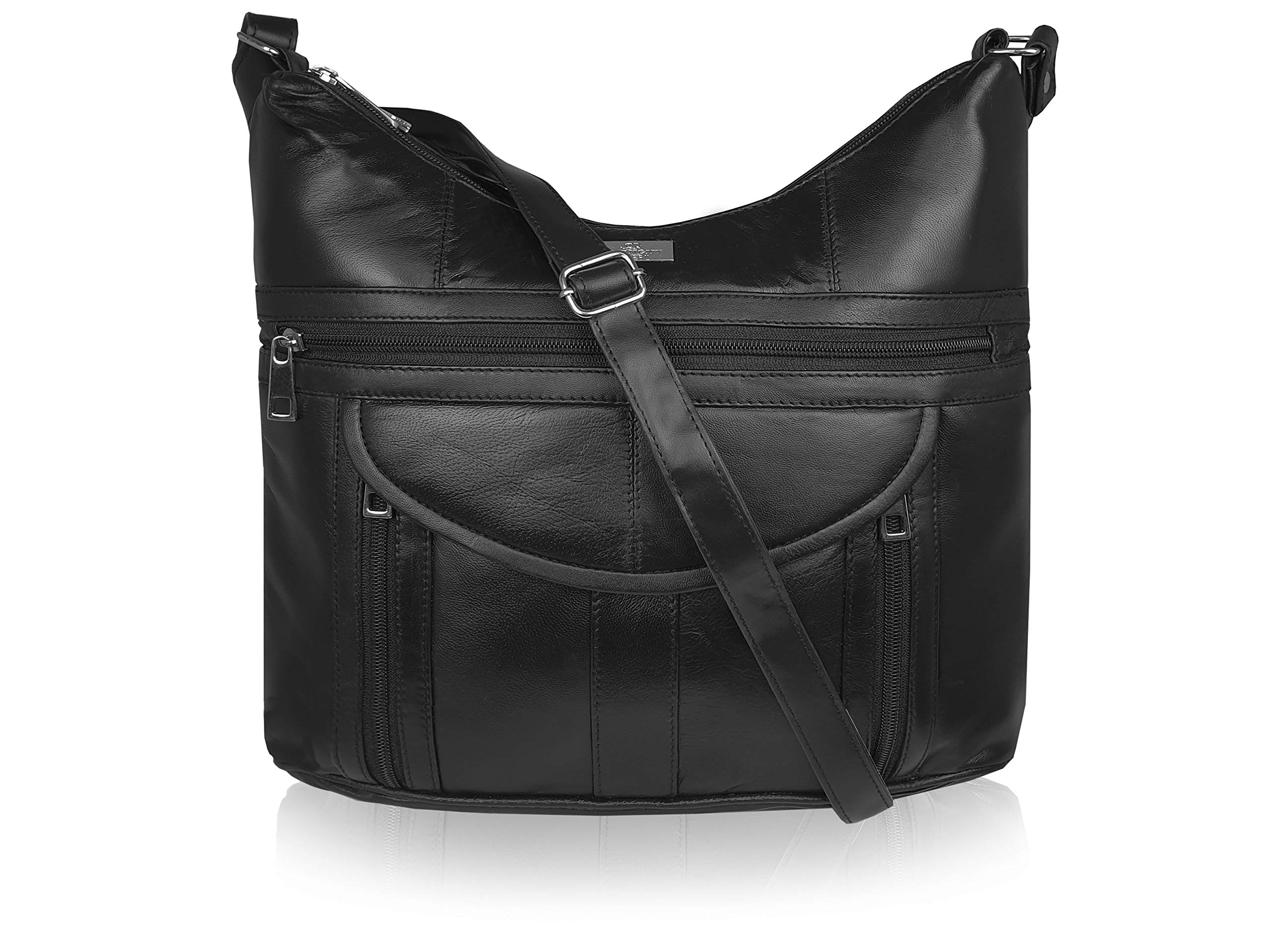 Quenchy London Ladies Large Handbag in Soft Real Genuine Leather - Shoulder Cross Body Bag with 7 Pockets - H30cm x H33cm x D9cm Black Sheep Nappa - QL176K