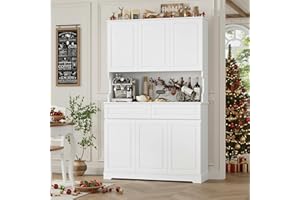 FACBOTALL 74" Pantry Cabinet, Tall Kitchen Pantry Cabinet with 6 Doors and 2 Drawers, Kitchen Hutch with Wide Countertop, Modern Kitchens Cupboard with Adjustable Shelves and Charge Holes, White