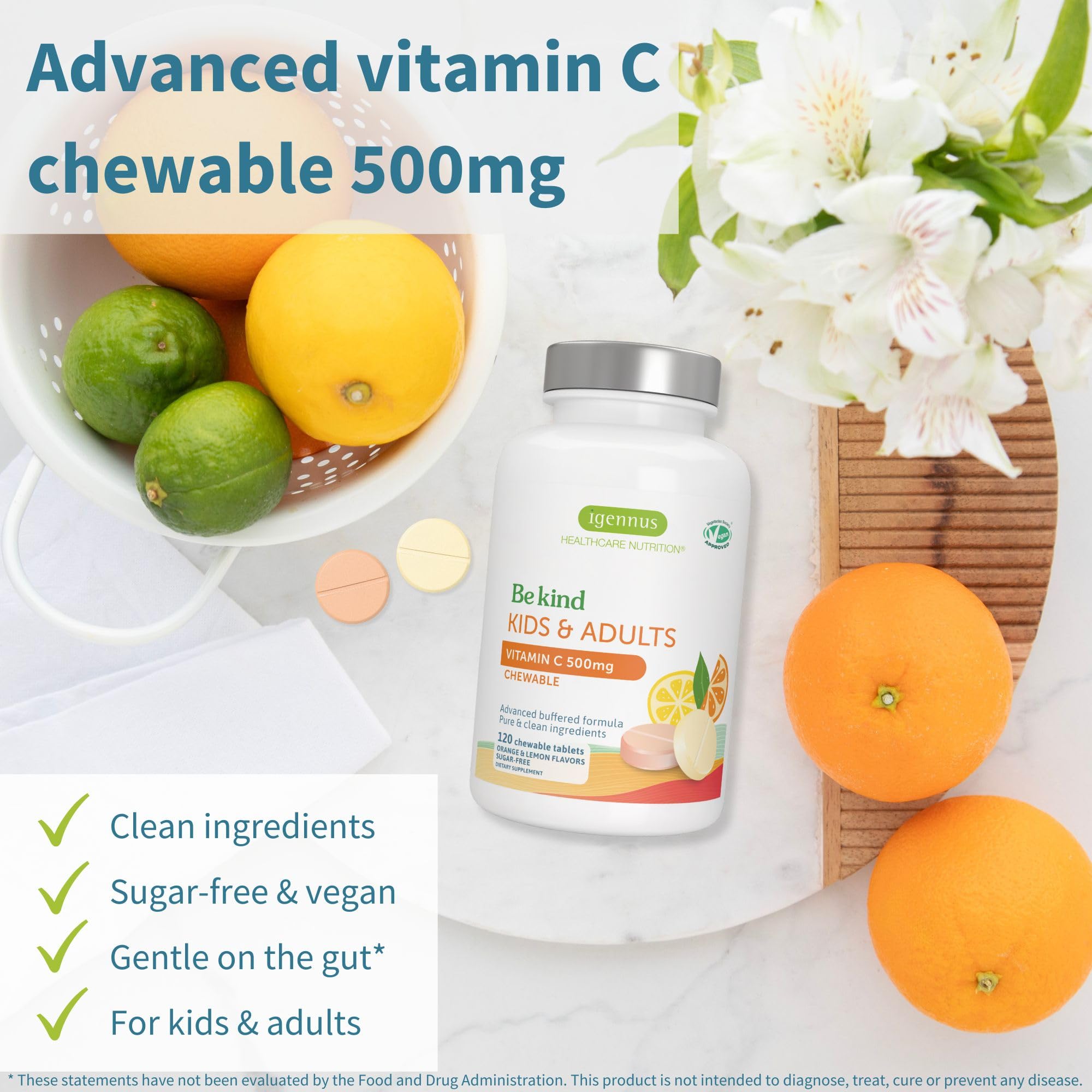 Igennus Gentle Buffered Vitamin C Chewable 500mg for Kids & Adults, No Artificial Colors & Natural Sugar Free Orange & Lemon Flavors, Vegan, Non-GMO, 120 Servings