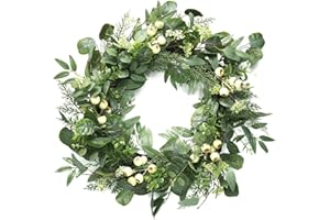 SOFTFLAME Artificial Eucalyptus Wreath with Glitter 24 Inch for Front Door, Green Spring Wreath with Big White Berries and Eucalyptus Leaves for Wedding Home Décor Outdoor décor
