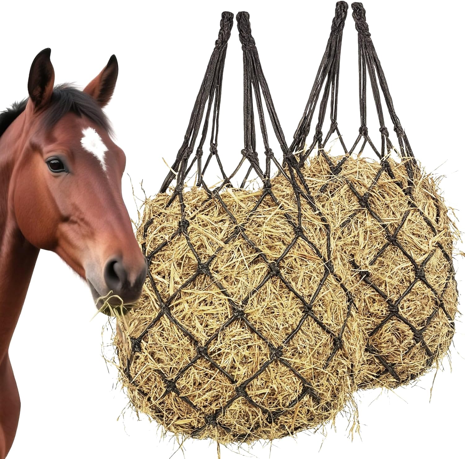 Photo 1 of 2 pcs 40" Hay Nets for Horses, Made from Durable Nylon Rop Slow Feed Hay Net, Regulate Intake of Hay hence Improve Digestion,for Horses Goat Sheep Hanging Slow Feed Horse Hay Net