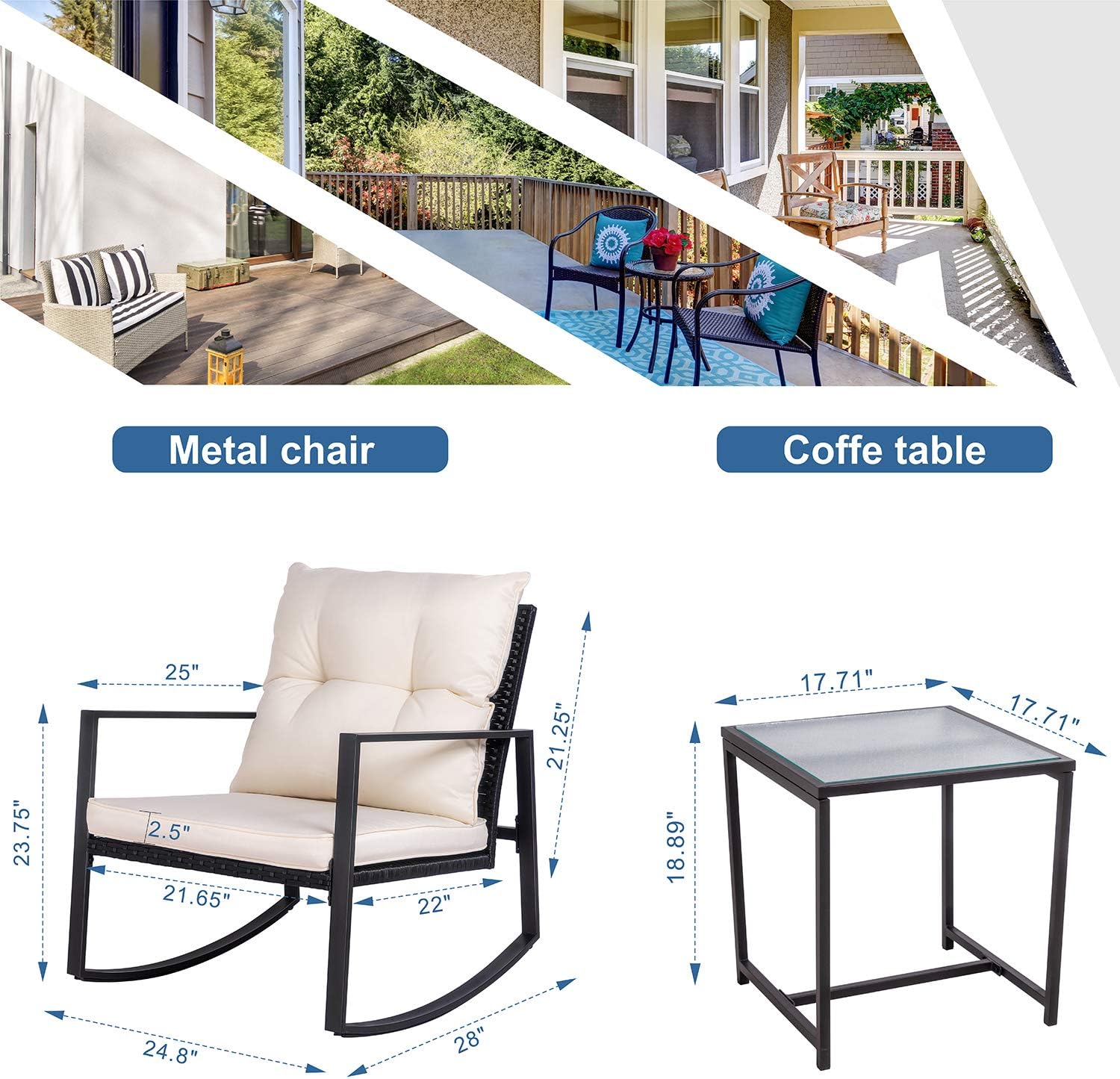 Shintenchi Outdoor 3 Piece Rocking Bistro Set, Wicker Patio Outdoor Furniture Porch Chairs Conversation Sets with Glass-Top Coffee Table for Backyard Porch Poolside Lawn, Garden, Black : Garden & Outdoor