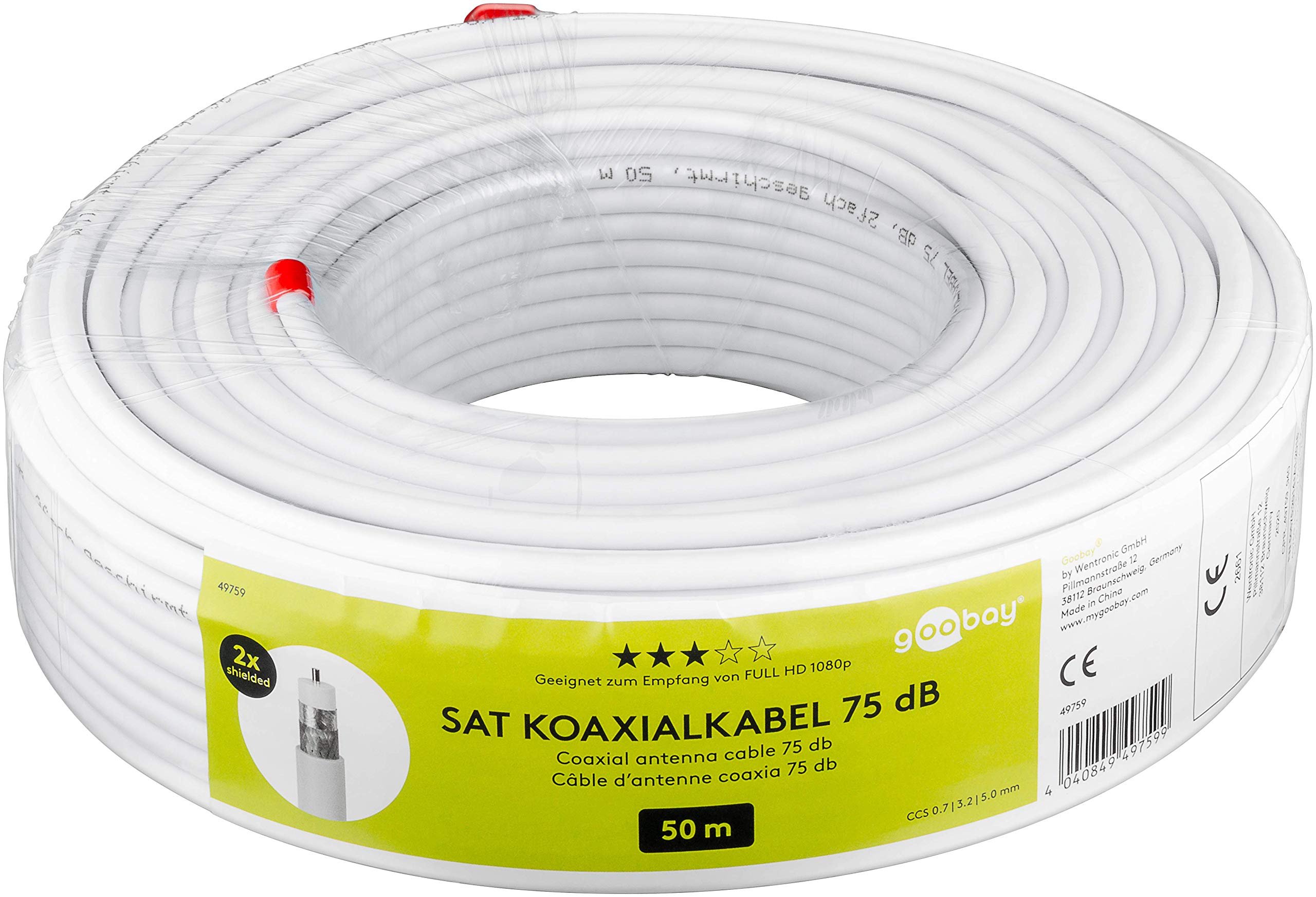 Goobay 49759 Satellite Cable Coaxial Cable 75 dB Double Shielded CCS White 50 Metres