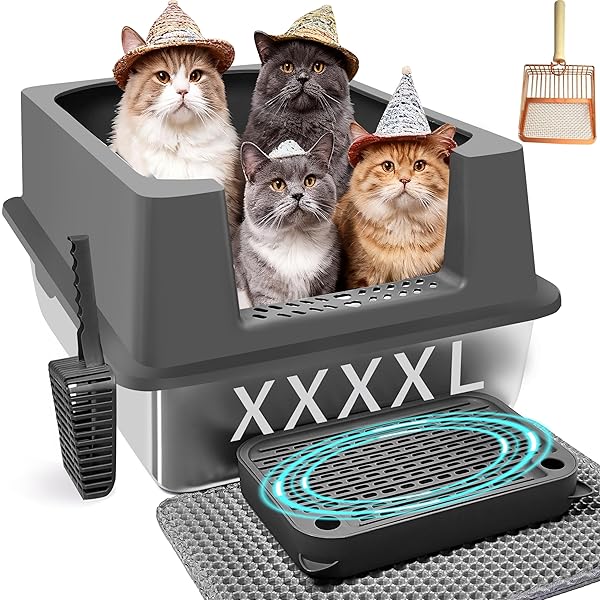 XXXXL STAINLESS STEEL CAT LITTER BOX WITH HIGH SIDES, 29″ X 21″ X 14″ EXTRA LARGE CAT LITTER BOX FOR BIG CATS AND OVERWEIGHT CATS HIGH SIDES NON-STICK EASY TO CLEAN.