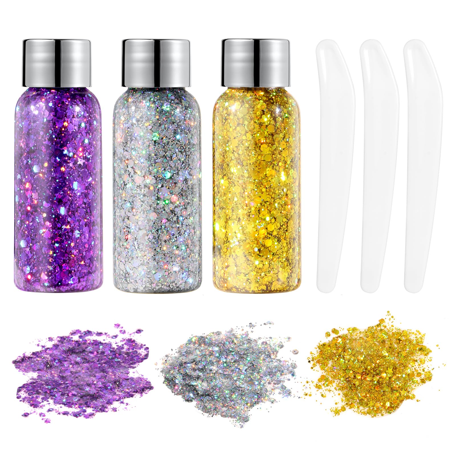 URAQT Body Glitter Gel, 3Pcs Holographic Mermaid Sequins Chunky Cosmetic Face Gel, Sparkling Festival Party Lotion for Face, Eye, Hair, Nail Makeup and DIY Art