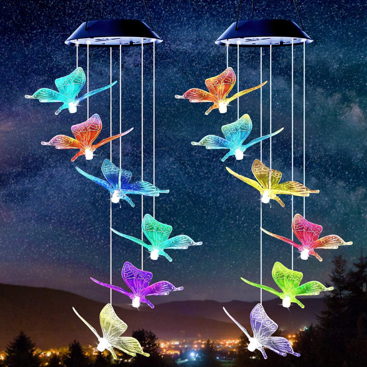 MUAMUAU 2 Pack Solar Wind ChimesColor Changing LED Wind Chimes Outdoor