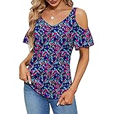 Micoson Cold Shoulder Tops for Women Summer Short Sleeve Shirts Ladies Floral Ruched Blouse Classic Cute V Neck Tunic