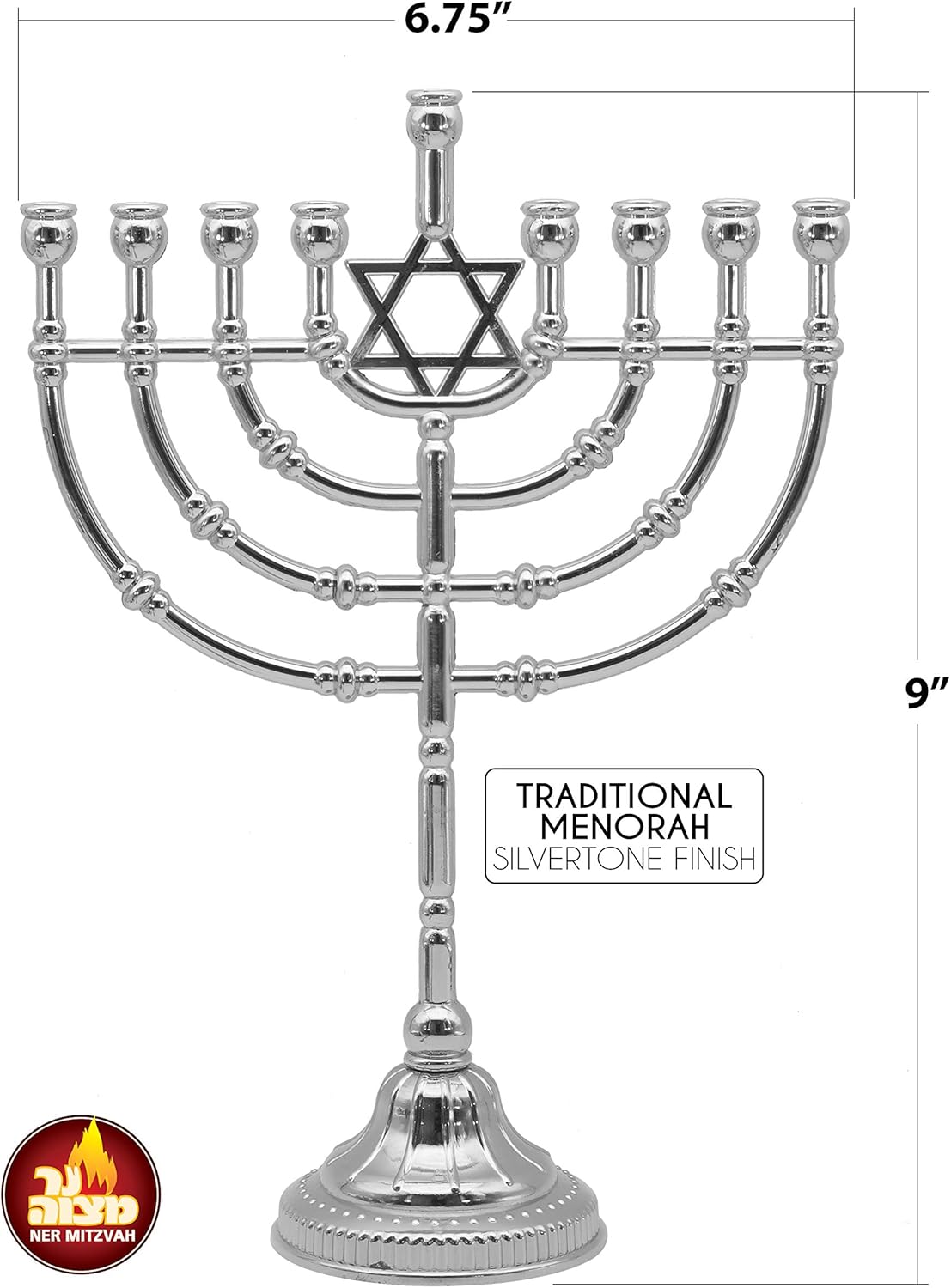 Ner Mitzvah Silvertone Candle Menorah for Chanukah Candles - Traditional Rounded Branches - Hanukkah Menorah: Home & Kitchen