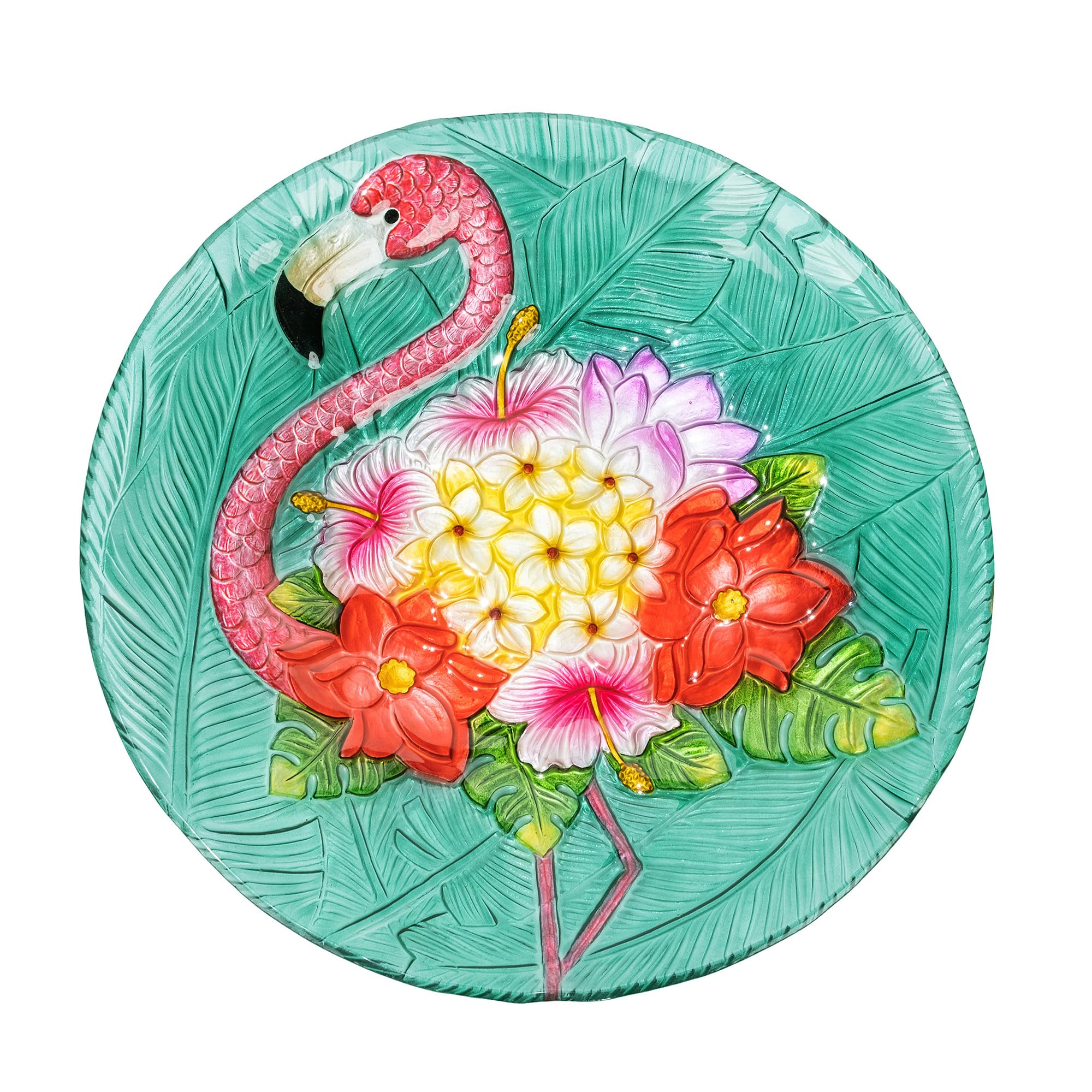 Teamson Home 17.8 in. Fusion Glass Bird Design Birdbath with Tropical Flamingo Design and Foldable Metal Stand with Ground Hook, Multi Image