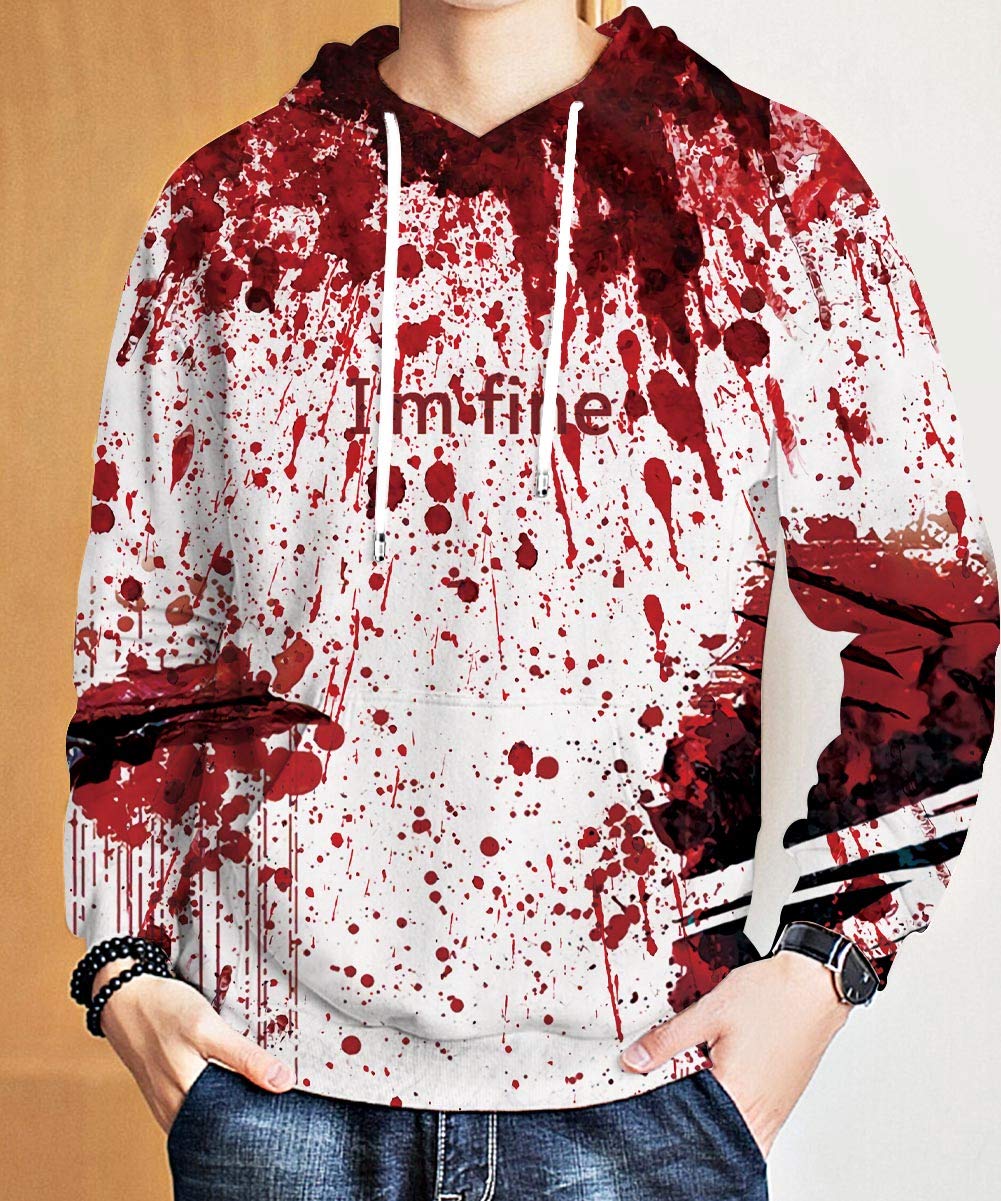 Men\'s Novelty Hoodies Spring Blood Drop I\'m Fine O-Neck Realistic Loose Fit Big Pocket Creative Teenage Guys Street Style Eye-Catching Sweatshirt for All Hallows\' Day Activity (Halloween C,XXL/XXX)