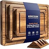 Kikcoin Wood Cutting Boards for Kitchen, 3 PCS Wooden Cutting Board Set with Holder, Chopping Board with Built-In Compartments and Juice Groove, Solid Charcuterie Board Serving Tray Wood Butcher Block