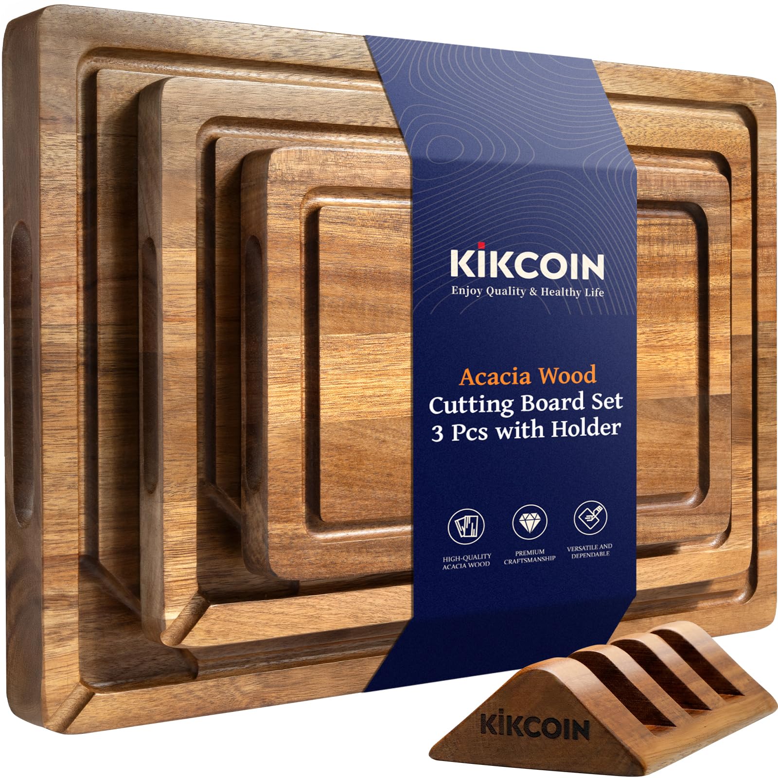 Photo 1 of Kikcoin Wood Cutting Boards for Kitchen, 3 PCS Wooden Cutting Board Set with Holder, Chopping Board with Built-In Compartments and Juice Groove, Solid Charcuterie Board Serving Tray Wood Butcher Block