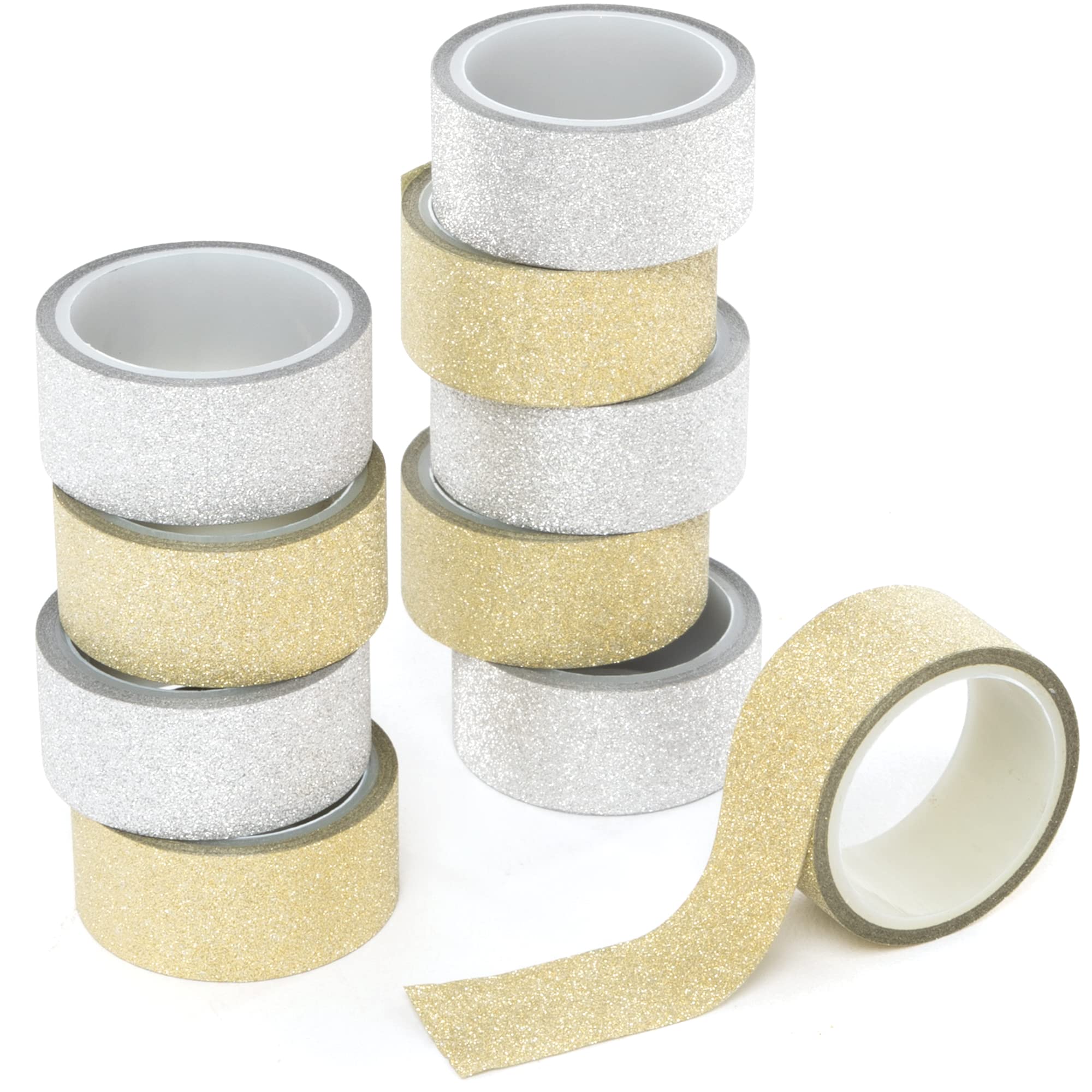 Baker Ross FE802 Gold and Silver Glitter Tape - Pack of 10, Decorative Tape, Art and Craft Supplies, Ideal for Kids Arts and Crafts Projects