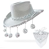 JIANGLAI Pink Disco Cowgirl Hat with Bandana,Glitter Rhinestone Disco Ball Cowboy Hat for Women Men Costume Cosplay