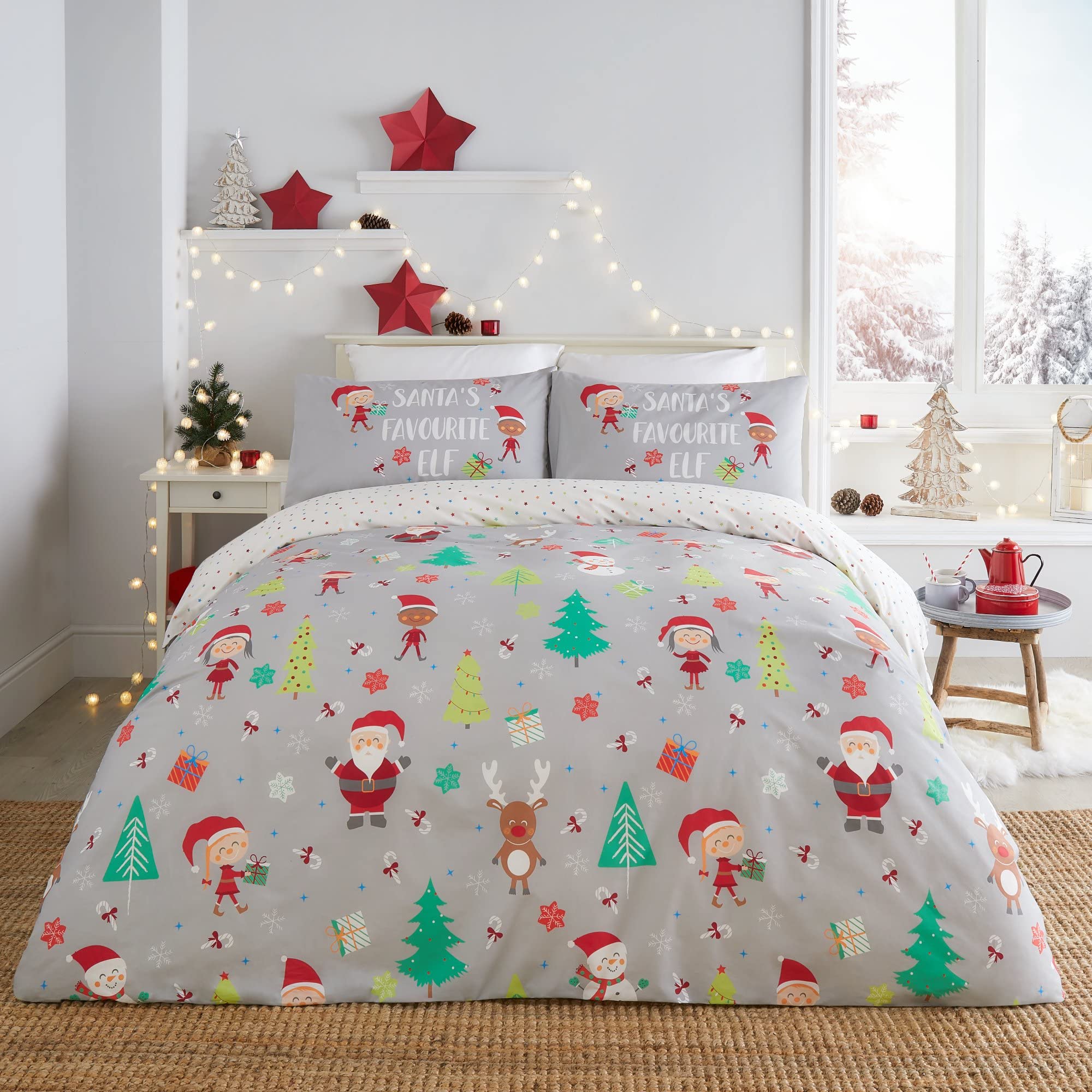 Fusion Santa’s Favourite Elf Duvet Cover Set – Single Size 140x200cm – Reversible Christmas Design – 1 Pillowcase – Polka Dot and Elf Print – Festive White Bedding for Kids – Easy Care
