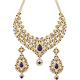 Touchstone Indian Bollywood Traditional Rhinestone Bridal Designer Jewelry Necklace Set for Women in Antique Gold or White Tone.