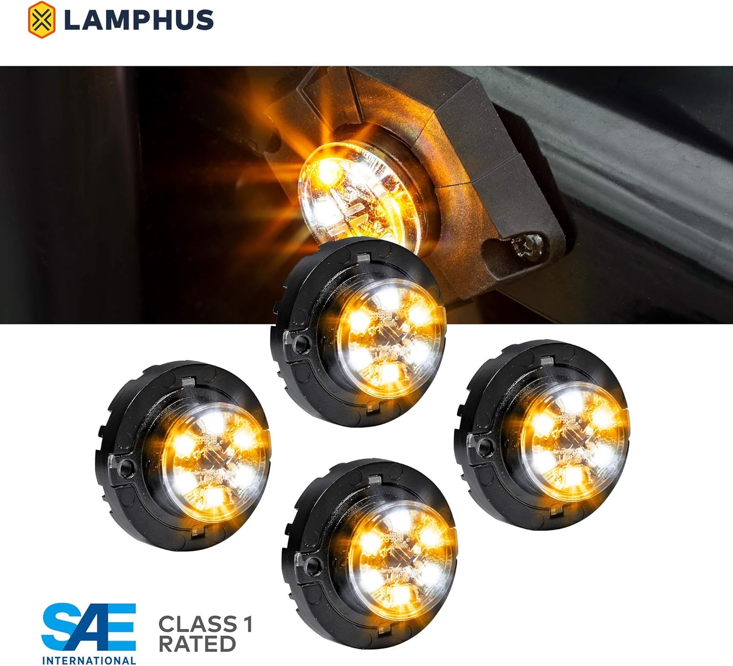 4pc SnakeEye III AMBER WHITE LED Hideaway Strobe Light [SAE Class 1] [IP67 Waterproof] [72 Flash Modes] [Multi Units Sync-able] [Steady Override] Emergency Strobe Warning Police Lights For Vehicles