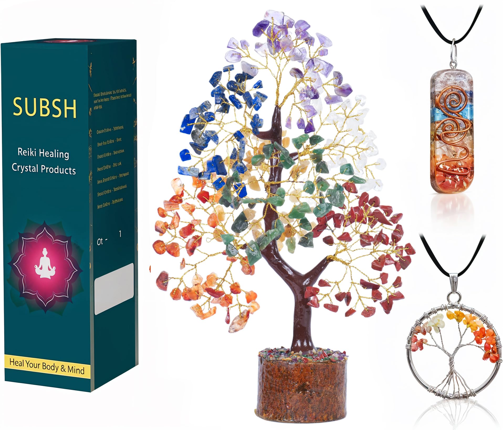SUBSH Crystal Tree - Healing Crystals and Gemtones Chakra Bonsai Room Decor Ornaments for Living Spiritual Gifts Stones Meditation Gifts, #3 (Golden Wire)