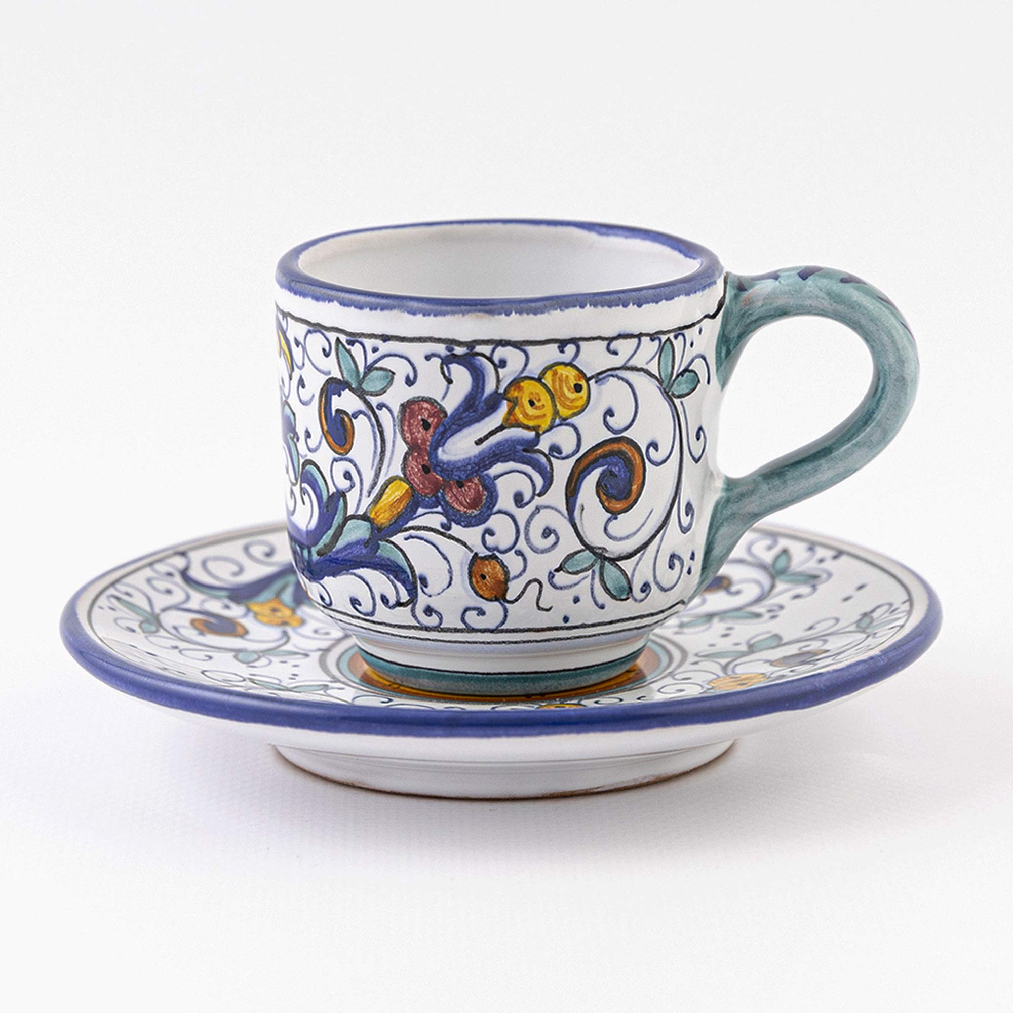 Fima thatsArte.com - Italian Ceramic Espresso Cup & Saucer Ricco Deruta Blu - Hand Painted Cup, Made in Italy Ceramics, Handmade Coffee Cups, Italian Ceramics Deruta, Italian Pottery