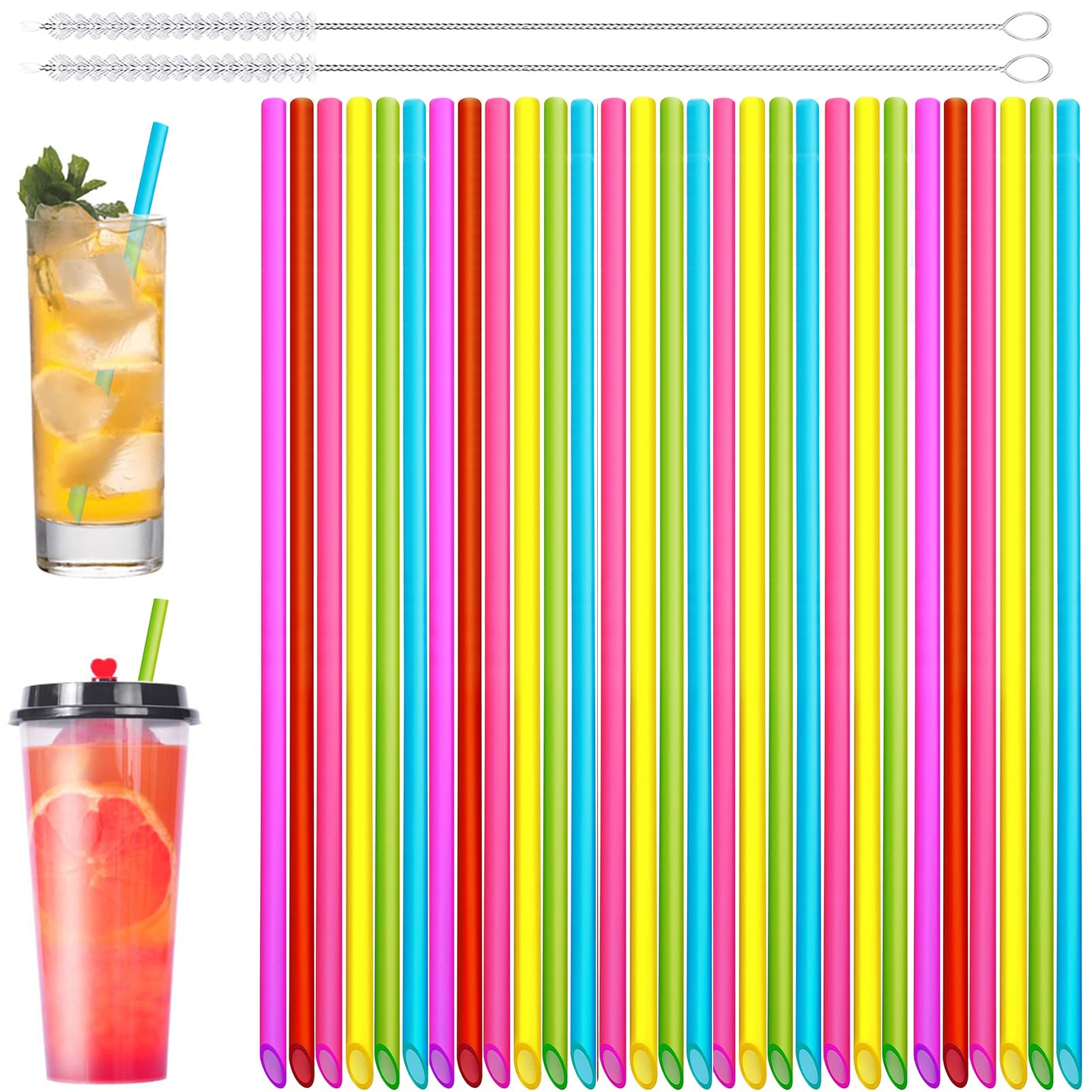 Addein 50pcs Reusable Drinking Straws with 2 Cleaning Brushes, Drinking Party Straws, Colored Straws for Drinking Water, Tea, Coffee, Juice, Milk, Wine(260 * 6 mm)