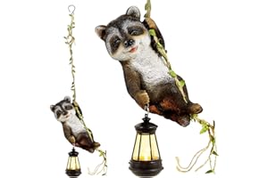 Joliyoou 1 Pack Solar Light Outdoor Statues, 6.5"H Resin Raccoon Climbing On A 23.6"L Vine with LED Lantern, Waterproof Hanging Animal Figurine with Hook for Yard Garden Wall Balcony Tree Decoration
