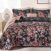 Dobuyly Floral Quilt Set Queen Size, Pink and Black Bedspreads Coverlet Set, 3 Pieces Soft Lightweight Microfiber Botanical Flowers Quilt Bedding Set for All Seasons 96"x90"