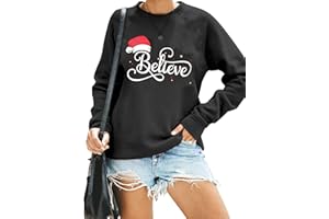 KIMSOONG Christmas Sweatshirts for Women Believe Sweatshirt Funny Christmas Sweaters Lightweight Blouse Xmas Hat Holiday Tops