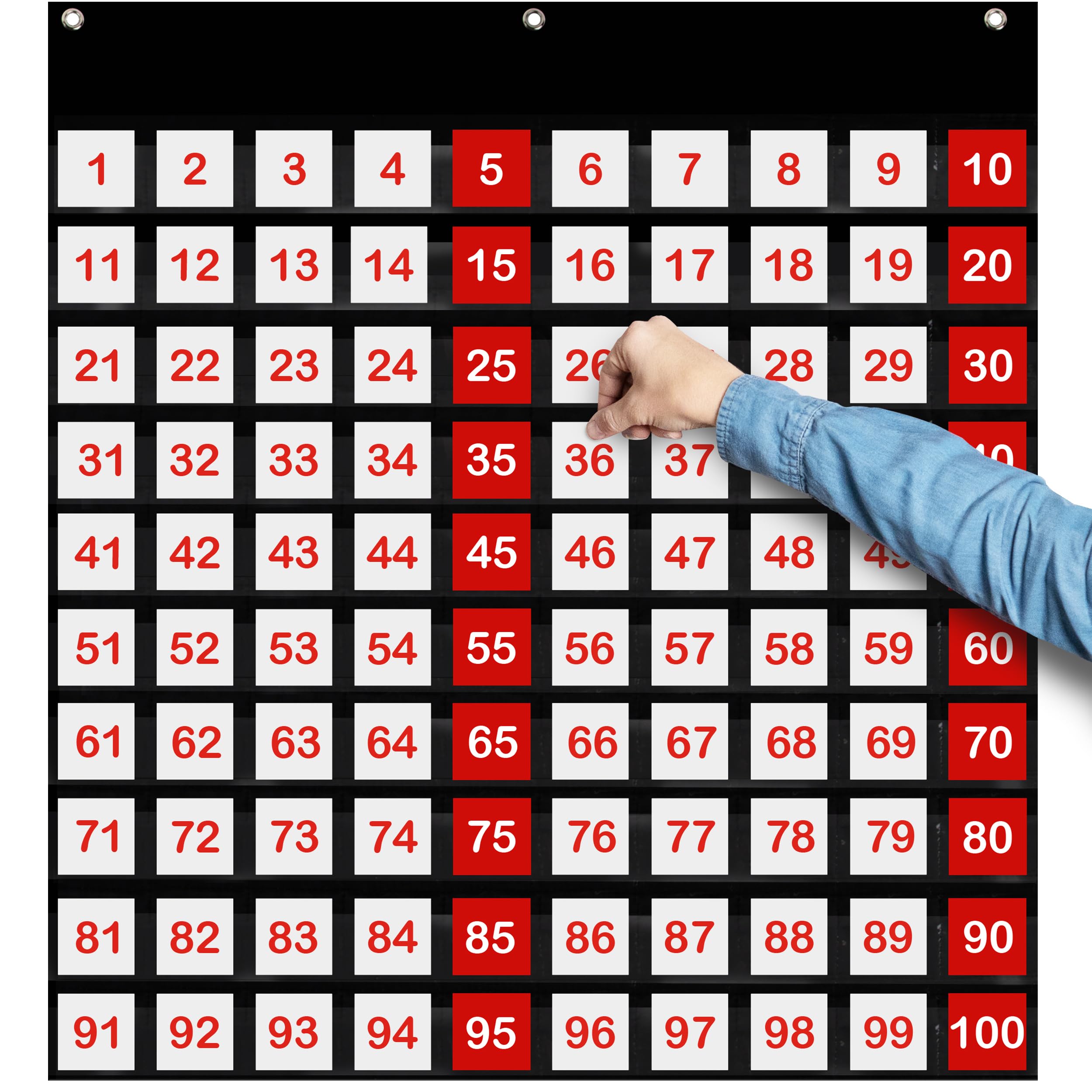 Photo 1 of Essex Wares 29" Wide x 27.5" Tall 100 Pocket Chart for Classroom - Hundreds Chart for Classroom for Dynamic Math Education - Number Chart 1-100 for Kids for Wall, Counting Pocket Chart in Black