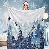 JarThenaAMCS Christmas Fuzzy Blanket Watercolor Pine Tree Forest Blue Throw Blanket Winter Xmas Soft Cozy Flannel Blanket for Home Party Bed Sofa Couch, 50 x 60 Inch