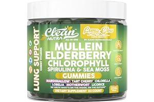 CLEAN NUTRACEUTICALS Clean Nutra Mullein Gummies for Lung Health Support with Elderberry Chlorophyll Spirulina Tart Cherry Sea Moss Vitamin C Lutein Marshmallow Root Licorice Root Superfood Greens Mucus Relief 60 Gummies