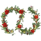 ATDAWN 9 FT Christmas Garland with Lights, Battery Operated Christmas Garland, Garland with Red Berry, Pine Cone and Poinsettia for Indoor Home Winter Holiday New Year Xmas Decorations