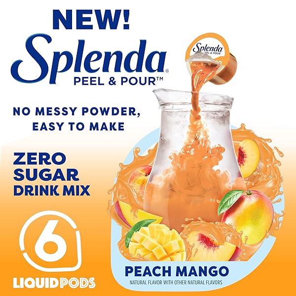 SPLENDA PEEL AND POUR ZERO CALORIE DRINK MIX, NATURALLY FLAVORED SUGAR FREE CONCENTRATE, 6 MULTI SERVE LIQUID PITCHER PODS (PEACH MANGO), PACK OF 1, 2.0 QUARTS
