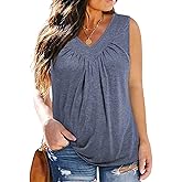 Eytino Plus Size Tank Tops for Women Summer V Neck Pleated Front Loose Casual Sleeveless Shirts Blouse(1X-5X)