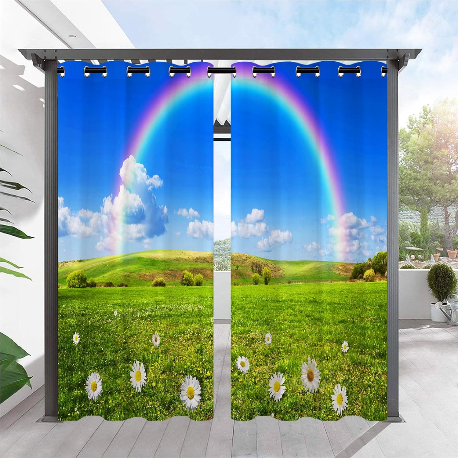 Outdoor Curtains - ANHOPE Indoor Outdoor Curtains for Patio Waterproof Grommet Curtains with Nature Scenery Flower Grass Rainbow Pattern Privacy Outside Curtain for Pergola Gazebo Porch Cabana 2 Panels 54 x 84 Inch